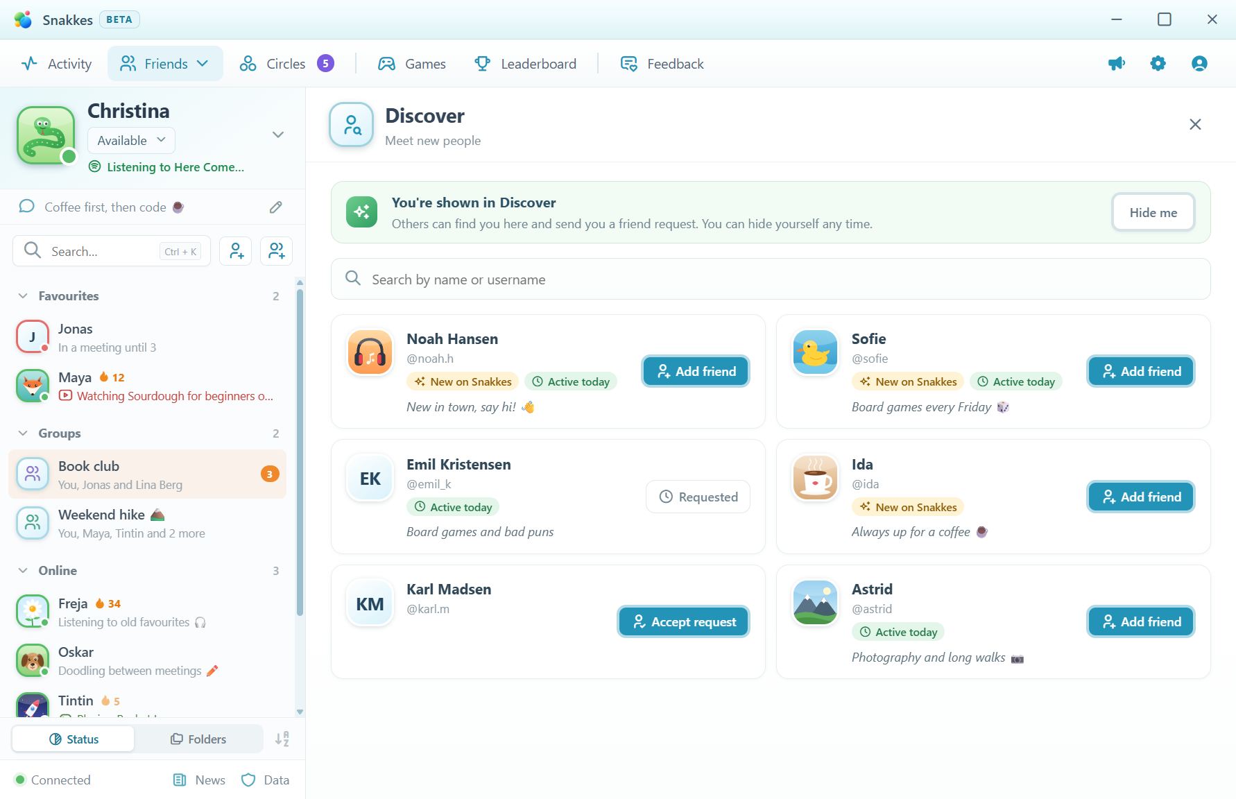 Discover, showing six people with display pictures, Add friend buttons and badges like New on Snakkes and Active today.