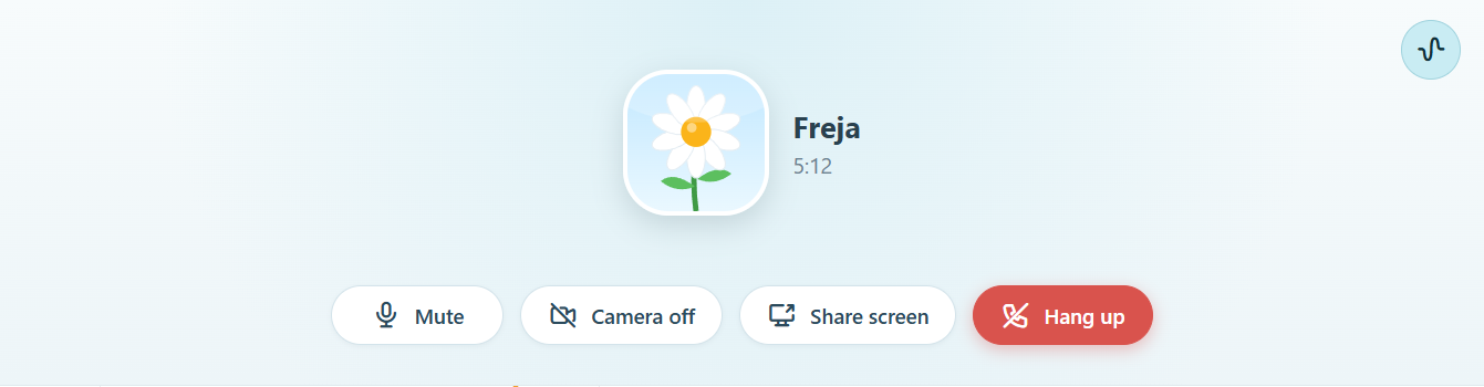 A call with Freja, in light blue, with her big display picture, 5:12 on the clock, and Mute, Camera off, Share screen and Hang up.