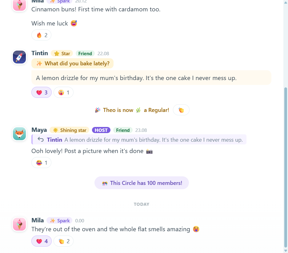 The Baking Circle's chat: Mila's cinnamon buns, Tintin answering the week's question, Theo becoming a Regular and the Circle reaching 100 members.