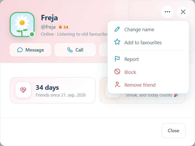 Freja's card with its menu open: Change name, Add to favourites, Report, Block and Remove friend.