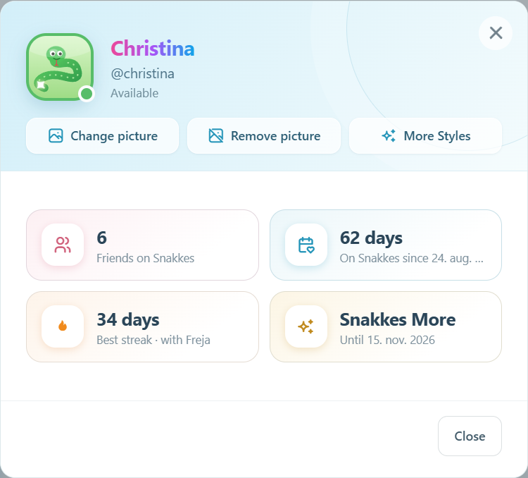 Your profile card: Christina with a sparkle on her picture, 6 friends, 62 days on Snakkes, a 34-day best streak with Freja and Snakkes More.