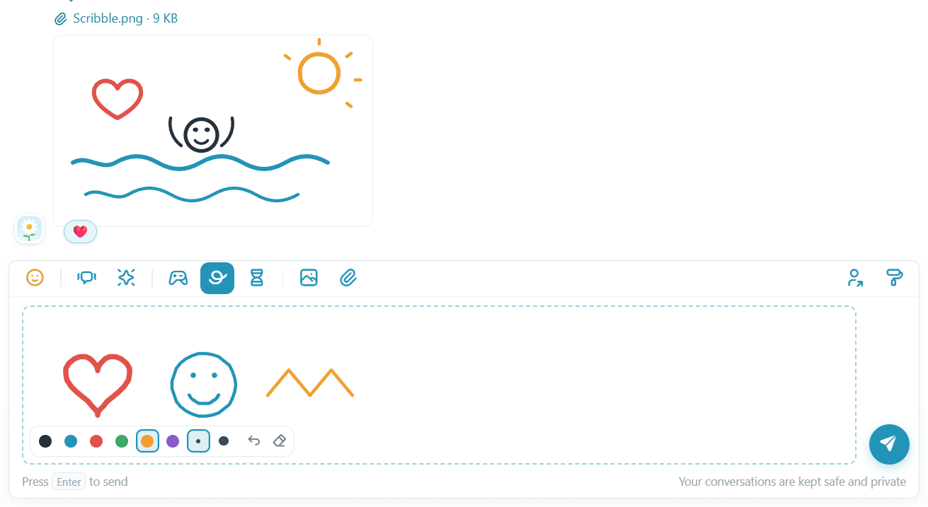 A chat with Freja: her Scribble of herself swimming in the lake under the sun with a heart, and the message box as a drawing pad with a heart, a smiley and a zigzag drawn, the six pen colours and Undo.
