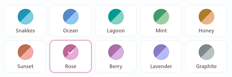 Ten skins: Snakkes, Ocean, Lagoon, Mint, Honey, Sunset, Rose, Berry, Lavender and Graphite, with Rose chosen.